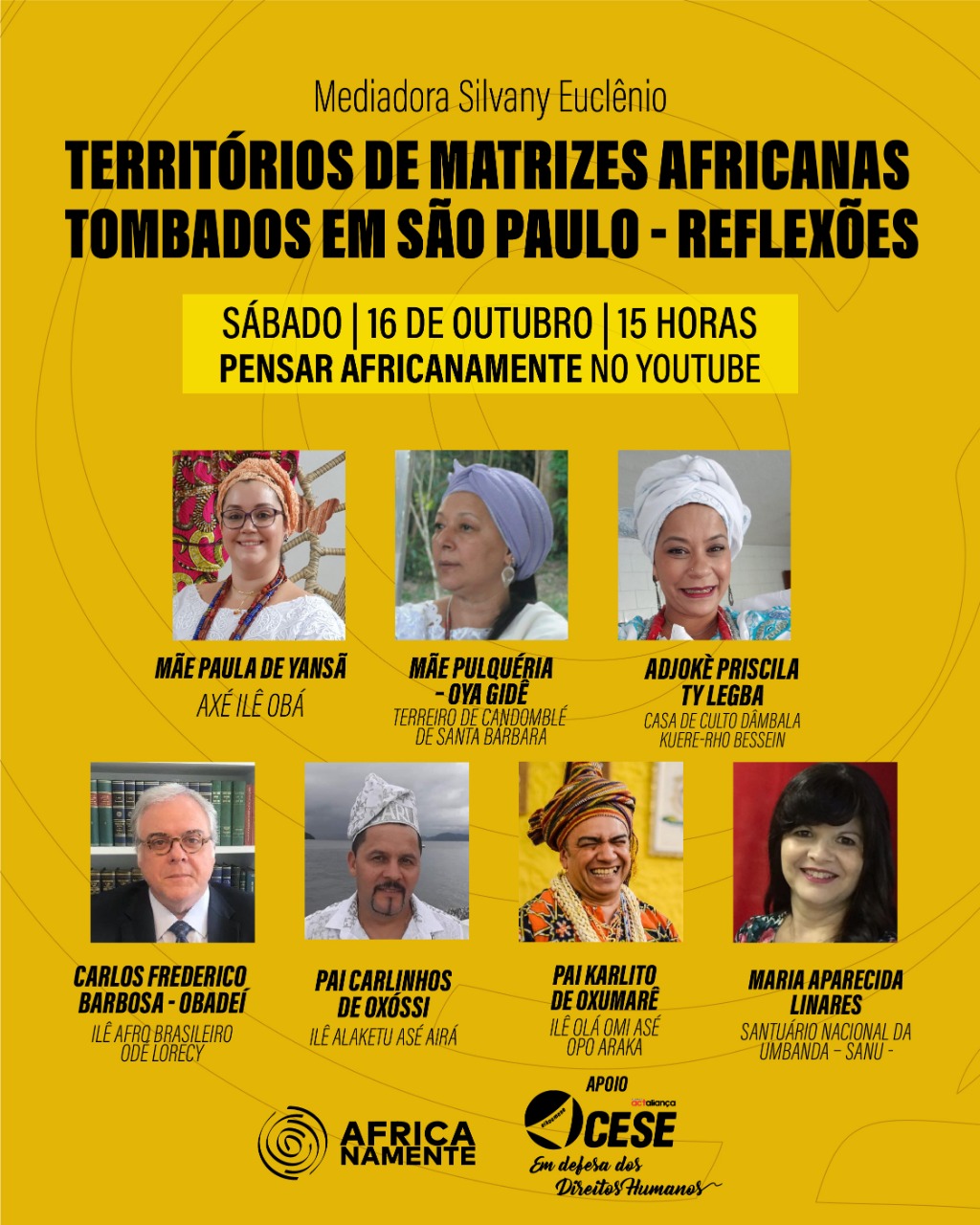 EVENTO ONLINE AMANHÃ – Sábado 16.10.2021 – TERRITÓRIOS DE MATRIZES AFRICANAS TOMBADOS EM SÃO PAULO